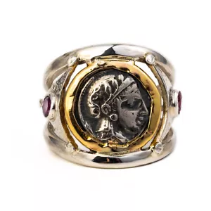 Athene Münzring mit Rubinen Sterlingsilber & 14K Gold, altgriechischer Schmuck - Bild 1 von 6