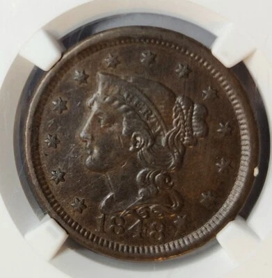 CHOICE 1848 BRAIDED HAIR LARGE CENT 1C NGC AU-58 BN - Sharp Details !!! - Image 1 of 4