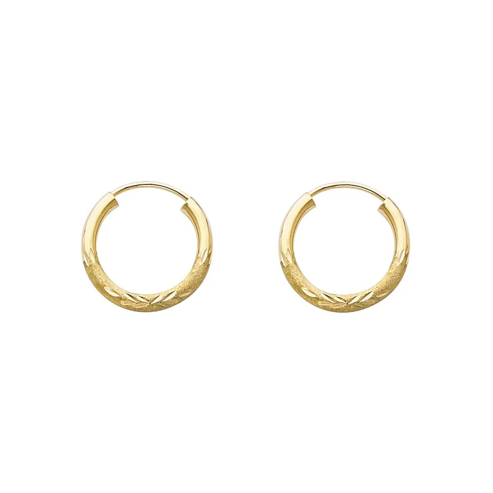 14K Yellow Gold 2mm  Diamond Cut Hoop Earrings for girls - Image 1 of 4