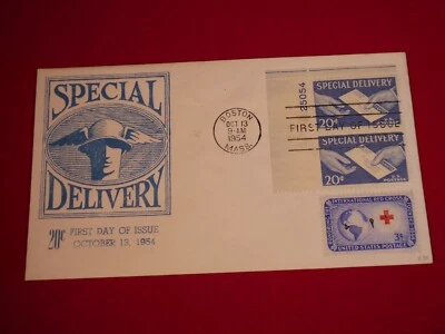 #E20 "Special Delivery" & #1016 "International Red Cross" 1954 FDC / plate block - Image 1 of 3