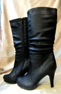 TOP MODA BLACK FAUX LEATHER KNEE-HI BOOTS - Slouch Style, Side Zipper - 8.5M - Picture 1 of 10
