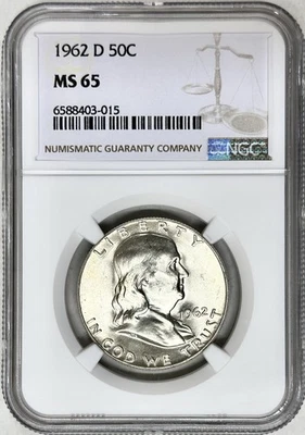 1962 D FRANKLIN SILVER HALF DOLLAR NGC MS65 - Image 1 of 2