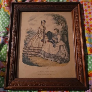 Antique Fashion Print La Mode Illustree Ladies in Parlor Hand Tinted Lighograph - Picture 1 of 1