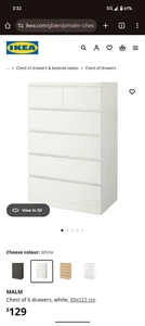 IKEA MALM Chest of 6 drawers, White , 80x123 cm, good condition - Picture 1 of 4