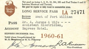CANADA PACIFIC LONG SERVICE PASS 1960-61 JURENS #27471 Empress Hotel Victoria BC - Picture 1 of 2