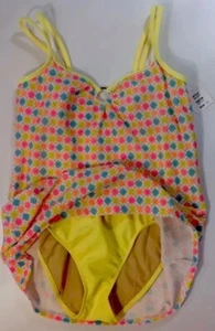 NEW MAINSTREAM Bathing SwimSuit Size 16 Neon Yellow Blue Skirt Check Print Dress - Picture 1 of 12
