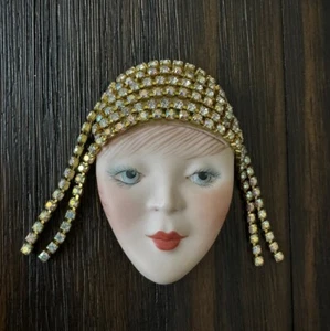 Vintage Porcelain Lady Face Brooch Rhinestone Headdress Art Deco Style Signed - Picture 1 of 11
