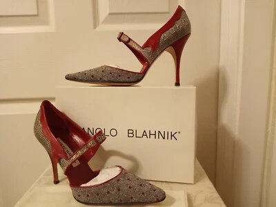 Manolo Blahnik NIB w/Dustbag Red/Black Fabric Tweed Grigio and Lizard Pump SZ 41 - Image 1 of 4