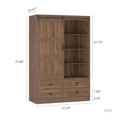 Wooden Drawers Wardrobe Freestanding Armoire Closet Storage Cabinet w/ Barn Door - Image 1 of 4