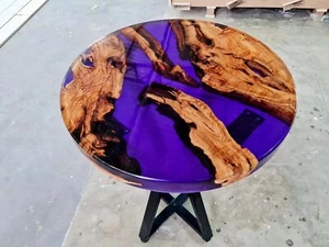 Mesa auxiliar redonda epoxi púrpura resina río muebles de madera natural - Imagen 1 de 8