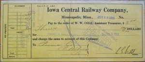 Iowa Central Railway Co. 1911 Railroad Bank Check - Minneapolis, MN - IA - Picture 1 of 1