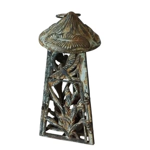 Vtg Cast Iron Pagoda Garden Lantern Dragonfly Door Rustic Heavy Patina 9.5" - Picture 1 of 13