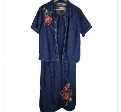 VTG Denim 2 Pc Set Maxi Dress Button Top 18W Western Boho 90s Embroidered Floral - Image 1 of 4