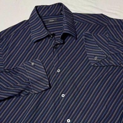 Cezani Charcoal Gray Striped Dress Shirt Mens Size Large Convertible Cuff Cotton - Image 1 of 4