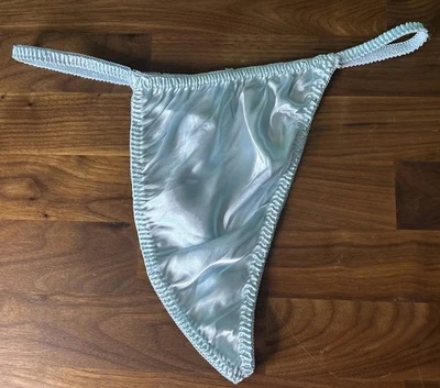Vtg SATIN STRING BIKINI Thong PANTIES Baby Blue Second Skin Shiny Sz XL Hi Cut - Image 1 of 4