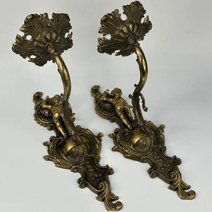 VINTAGE FRENCH PAIR OF LARGE ORNATE CHERUB SCONCES, BRASS WALL LIGHTS - Picture 1 of 24