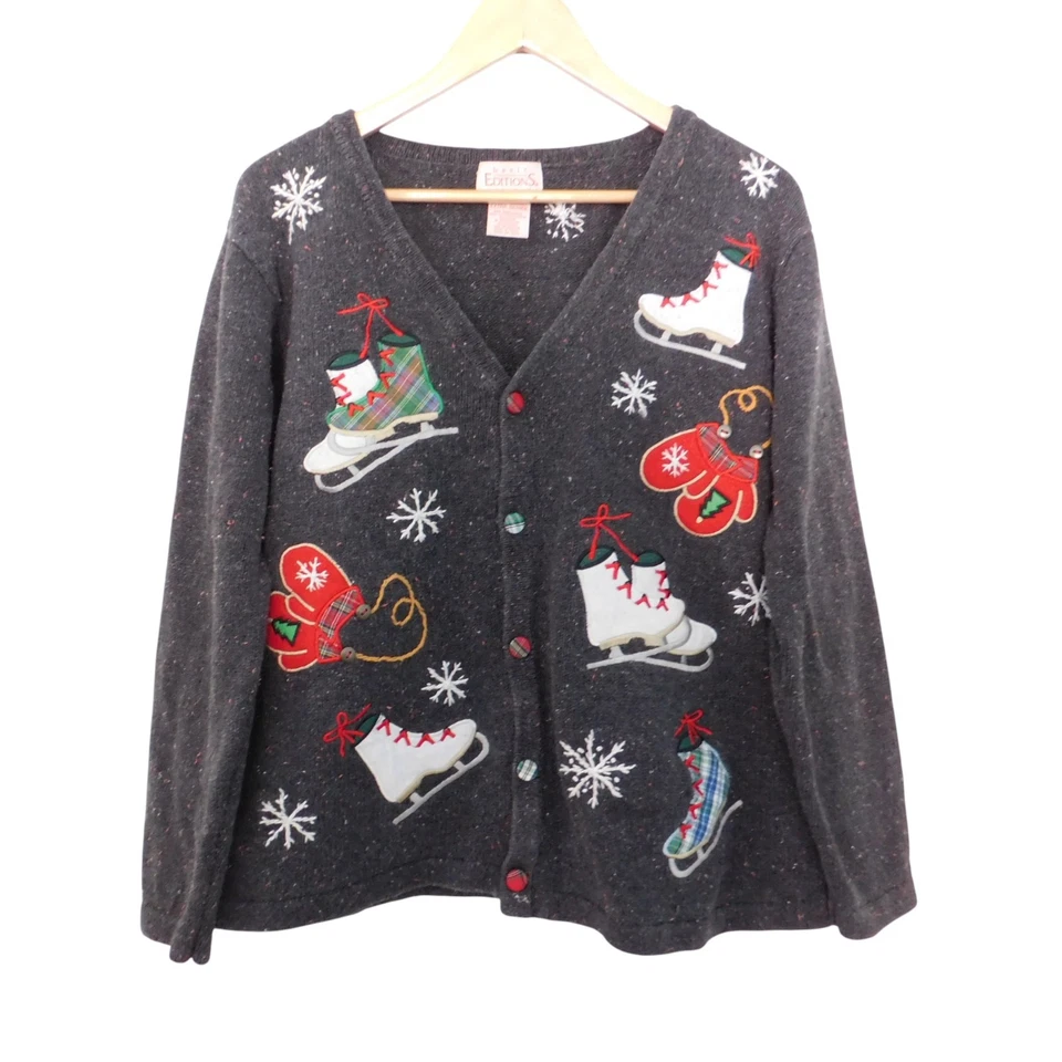 Cárdigan Suéter Navidad Feo Talla XL Patines Mitón Cárdigan Años 90 Vintage Algodón Foto 1 de 4