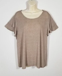 Adrianna Papell Women 1X Top Blouse White Tan Polka Dot Layered Flutter Sleeve - Picture 1 of 8