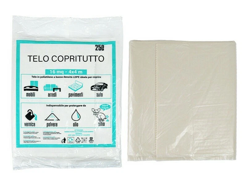 TELO COPRITUTTO UNIVERSALE POLIETILENE 16 MQ-4x4 mt MOBILI AUTO PAVIMENTI - Immagine 1 di 4