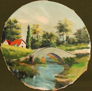 Antique impressionist oil painting bridge landscape