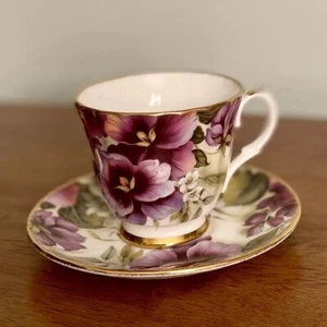 Duchess Fine Bone China Gilded Pedestal Teacup Saucer Set Floral Purple Violet - Picture 1 of 13
