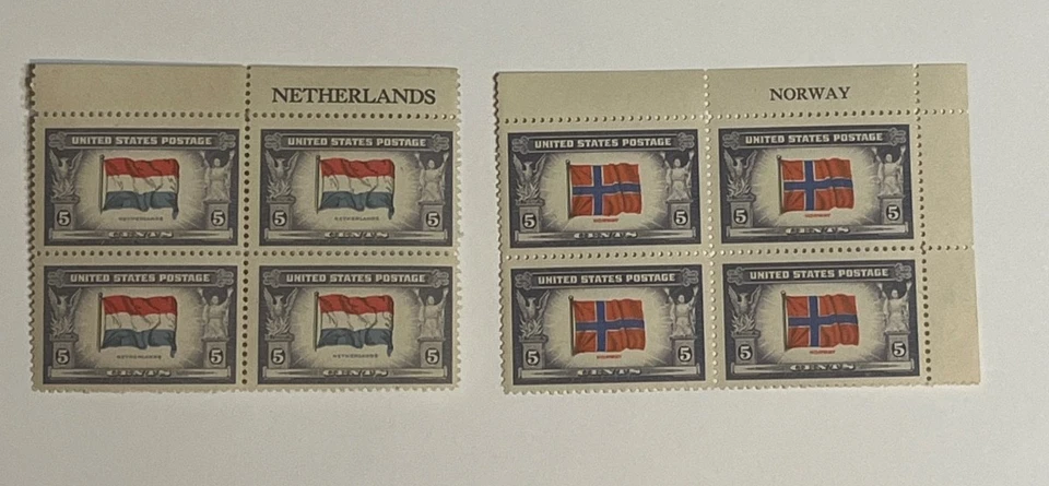Norway Flag and Netherlands Flag Plate Blocks MNH, Scott #911, 913 - Image 1 of 1