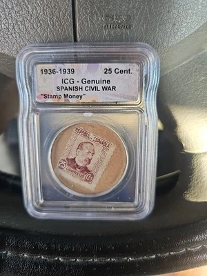 1936-1939 Spanish Civil War "Stamp Money" ICG-Genuine 25 Cent Coin - Image 1 of 3
