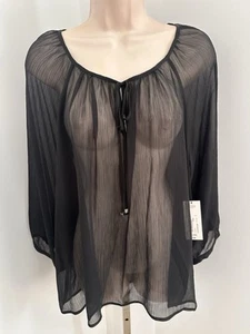 ANA A New Approach Black Sheer Collarless 3/4 Long Sleeve Blouse Size XL - Picture 1 of 3