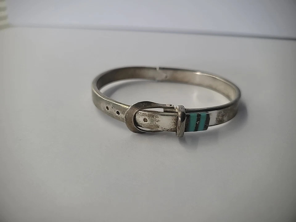 Vintage Bracelet Buckle Clasp Mexico Bangle Hinged Blue Inlay Jewelry Costume - Image 1 of 4