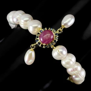 925 Sterling Silver Bracelet Oval Ruby 9x8mm Pearl Sapphire Gemstone Jewelry 8in - Picture 1 of 13