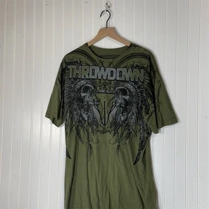 VTG Throwdown MMA Shirt XL Olive Green Skull Feather Graphic Tee USA Made - Picture 1 of 4