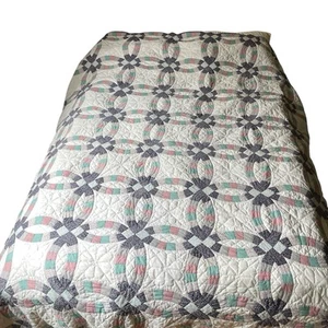Double Wedding Ring Quilt and Sham Hand Stitched White Pink Green Blue Floral - Picture 1 of 16