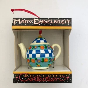 Vintage Maria Engelbreit Teekanne Kollektion Ornament Neu Box Blau Kariert Blumen - Bild 1 von 4
