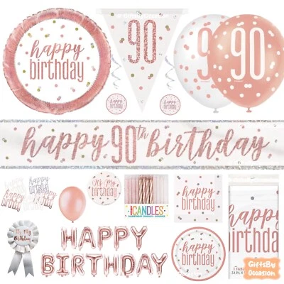 Rose Gold 90th Happy Birthday Party Decorations Banner Bunting Balloons Candles