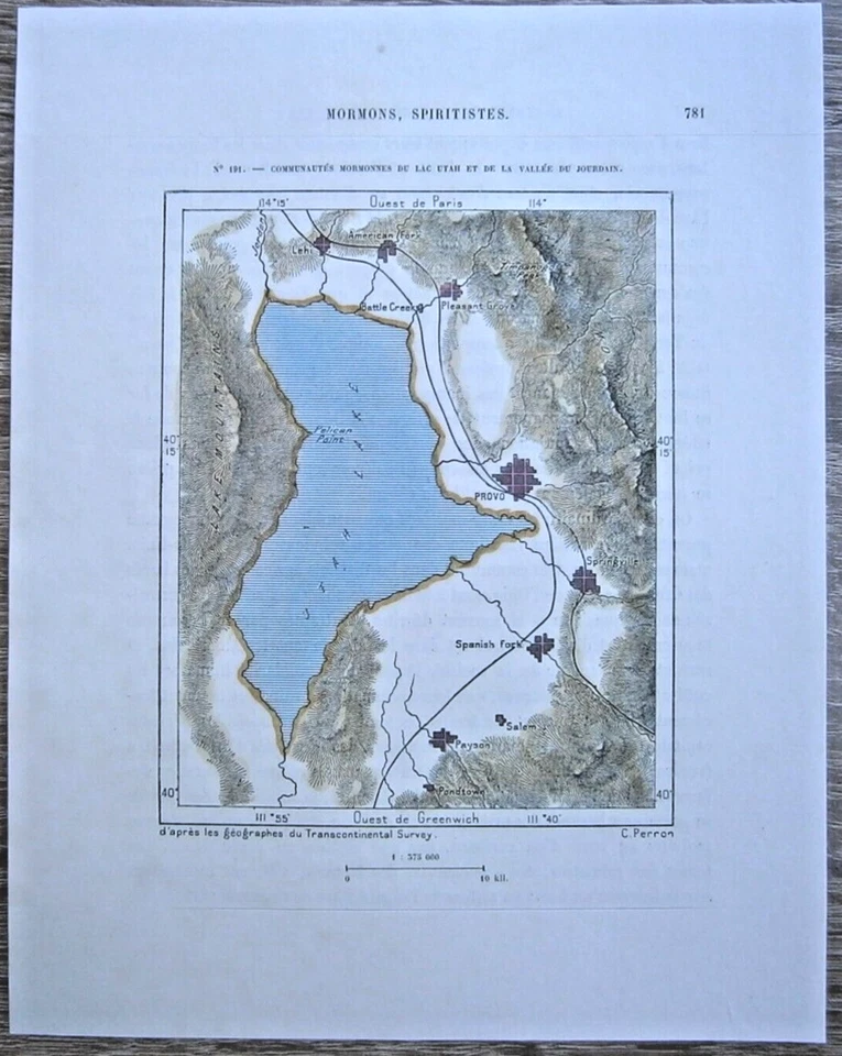 Mapa Perron 1892 COMUNIDADES MORMONAS DEL LAGO UTAH Y VALLE DEL RÍO JORDANIA, #191 Foto 1 de 1