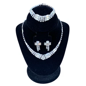 Vintage Kramer NY Jewelry 3pc Set Rhinestone & Silver Necklace Bracelet Earrings - Picture 1 of 14
