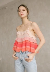 Coral Ombre Tiered Ruffle Tank Top Adjustable Straps Vici Storia - Picture 1 of 6