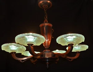 Original 1930s "French art deco Ezan Sabino 6- arm coppered bronze chandelier - Picture 1 of 22