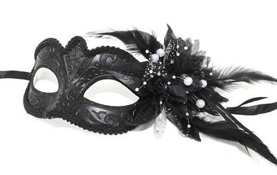 MIDNIGHT BLACK MASK WITH FLOWER/PEARLS VENETIAN MASQUERADE PARTY BALL PROM EYE  - Image 1 of 4