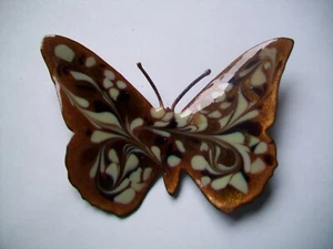  Enamel on Copper  Pin Brooch -SIGNED INGA- LARGE BUTTERFLY SHAPE -BROWN/CREAM - Picture 1 of 2