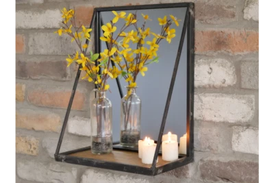 Industrial Metal Mirror With Wooden Shelf Wall Mounted Rustic Vintage Storage - Image 1 of 4