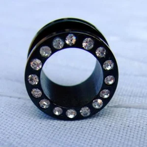 FLESH TUNNEL PLUG PIERCING OHR SCHWARZ ELOXIERT KRISTALLE KLAR 3 MM - 12 MM - Picture 1 of 5