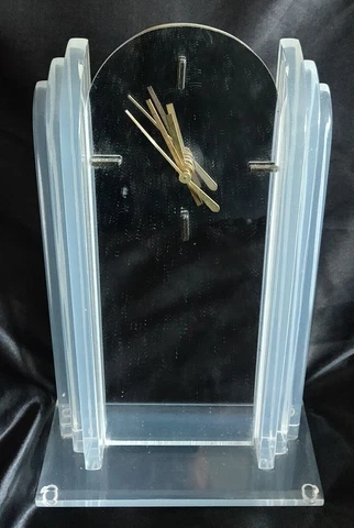 Van Teal Art Deco MCM Lucite Sculpture Mantle Clock Mirrored Face Brass Hands Cover