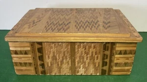 Vintage Holz Bambus Intarsien Schmuckschatulle gepolstert innen - Bild 1 von 10
