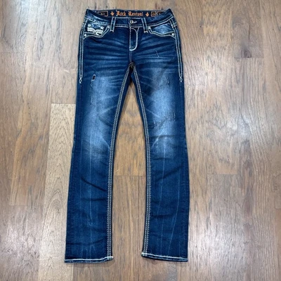 Rock Revival Jeans Womens 26 Dark Blue Denim Pants Easy Straight Jewel Pockets - Image 1 of 4