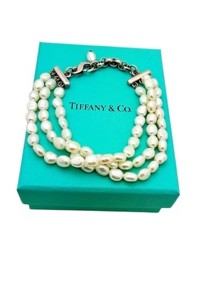 Pulsera Tiffany & Co. Plata de Ley Tres Hilos Perla Cuentas 8.5" - Caja Foto 1 de 4