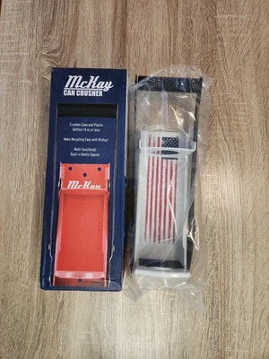 Trituradora de latas de metal Mckay 16 oz blanca de alta resistencia con bandera estadounidense y abrebotellas Foto 1 de 2