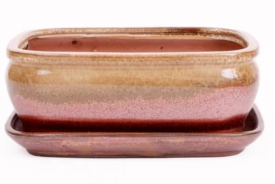 BONSAI-SHOPPING Bonsai - Schale eckig 26 x 21 x 10 cm , beige / kupfer , mit Untersetzer 31133