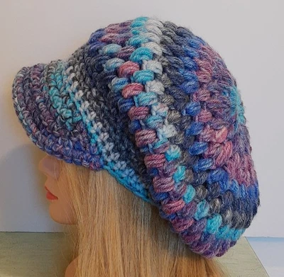 Slouchy Puff Stitch Hippie Cap With Brim Blues Purple Hand Crochet Adult/Teen - Image 1 of 4