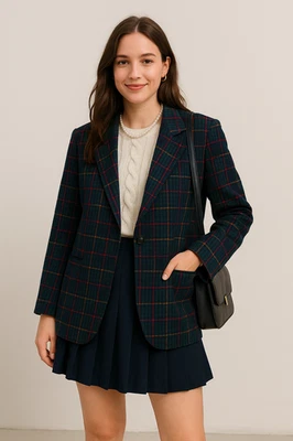 Blazer de Colección Años 80 DUMAS Mujer a Cuadros Verde Azul Marino Rojo Lana Look Chaqueta Talla Grande EE. UU. Foto 1 de 4